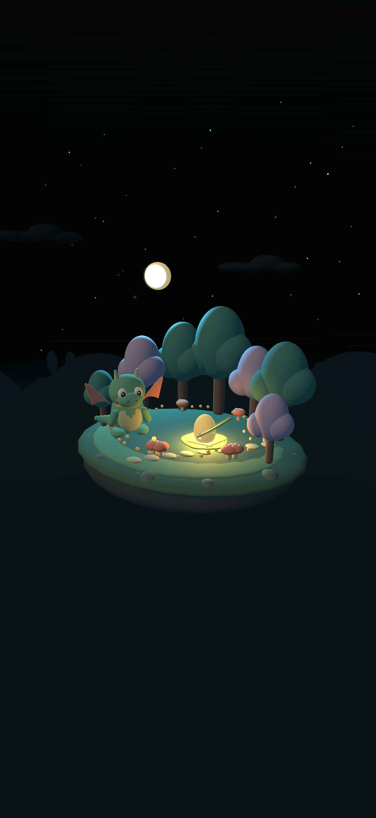 Actual Luma 3D scene: Pip beside a glowing egg among softly rounded trees.